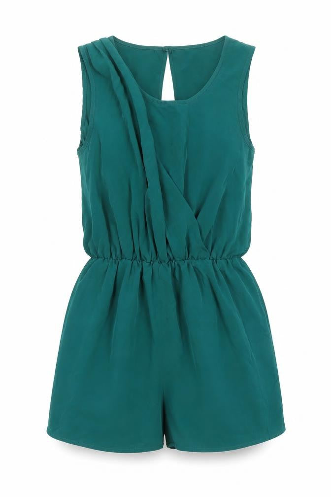 Front view of Miss Selfridge women’s green polyester playsuit one-piece, size UK 8, 3-inch leg button