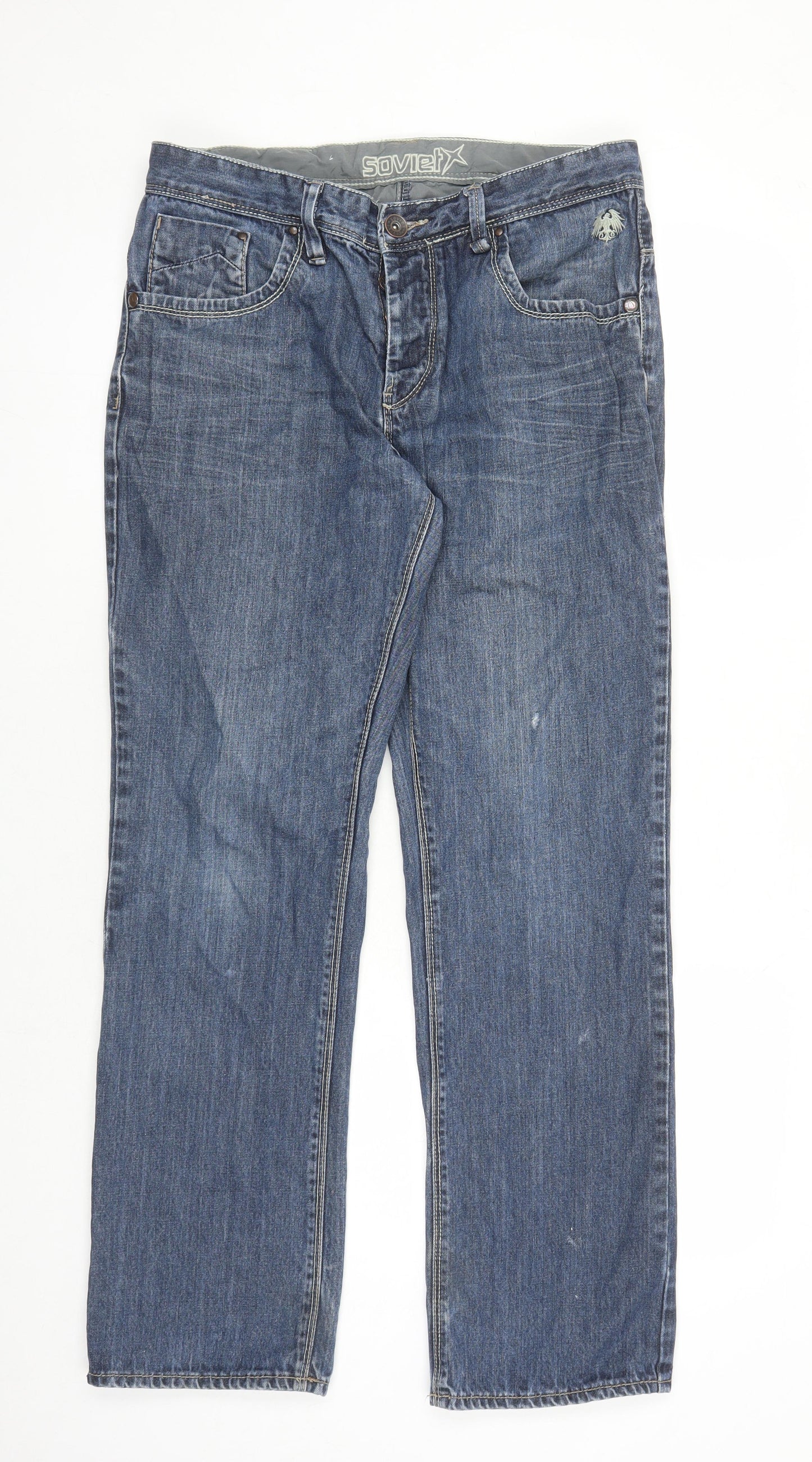 Soviet Mens Blue Cotton Straight Jeans Size 34 in L32 in Regular Button - Pockets