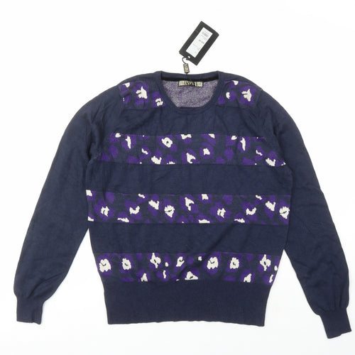 BiBA Womens Blue Round Neck Animal Print Nylon Pullover Jumper Size S - Leopard Pattern