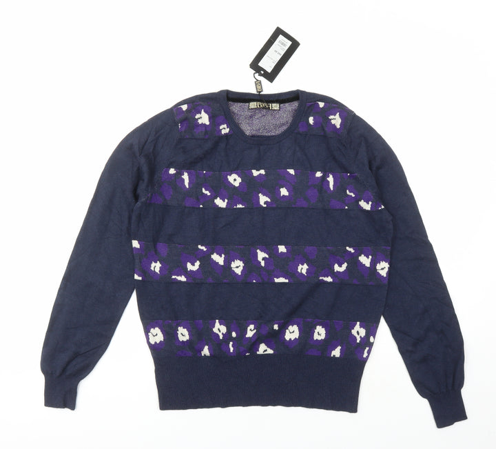 BiBA Womens Blue Round Neck Animal Print Nylon Pullover Jumper Size S - Leopard Pattern
