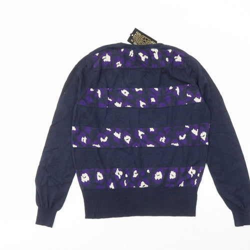 BiBA Womens Blue Round Neck Animal Print Nylon Pullover Jumper Size S - Leopard Pattern