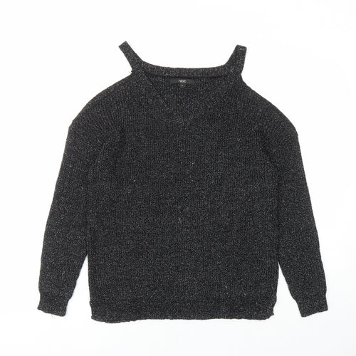 NEXT Womens Black V-Neck Acrylic Pullover Jumper Size 14 - Cold Shoulder