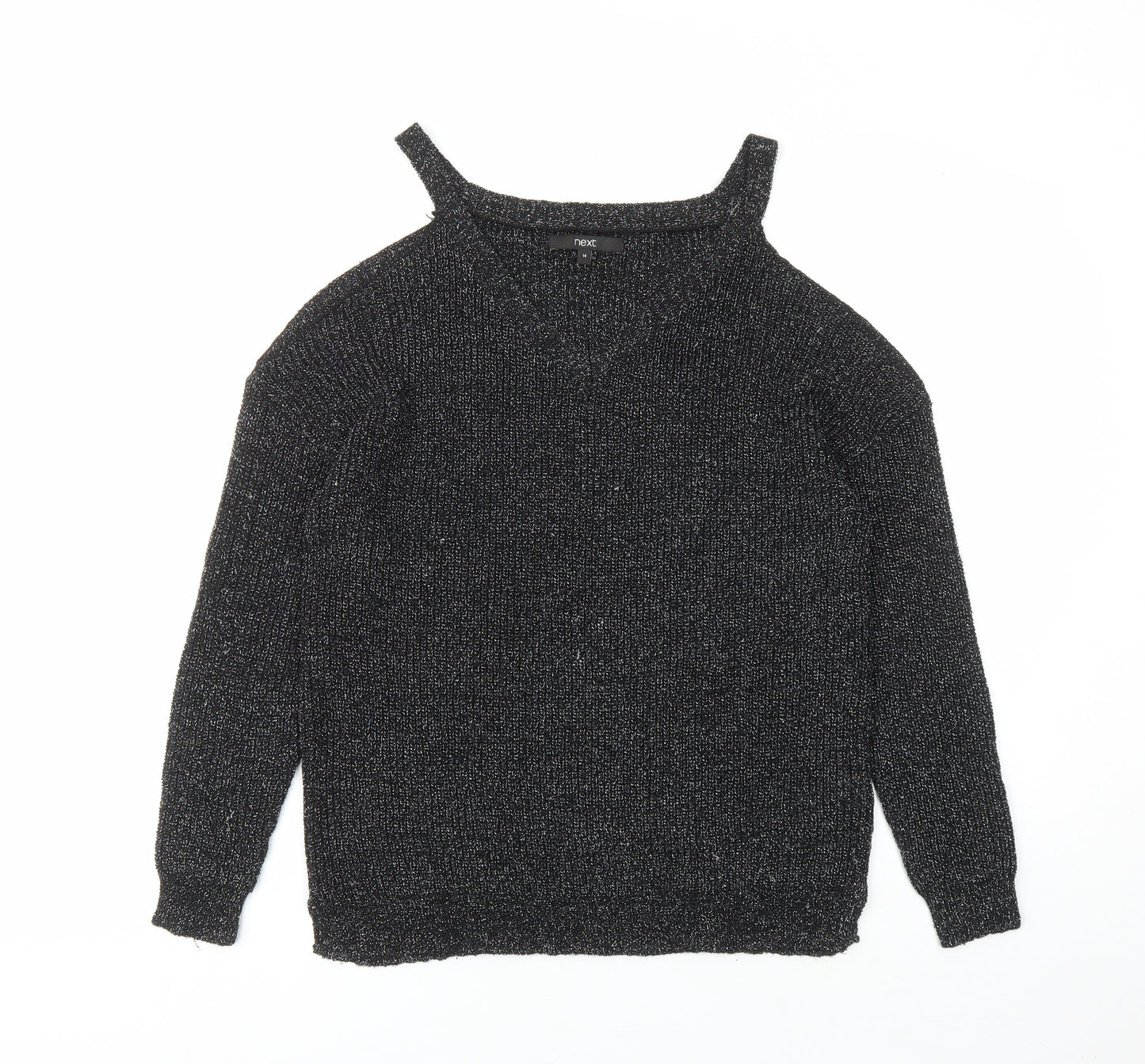 NEXT Womens Black V-Neck Acrylic Pullover Jumper Size 14 - Cold Shoulder