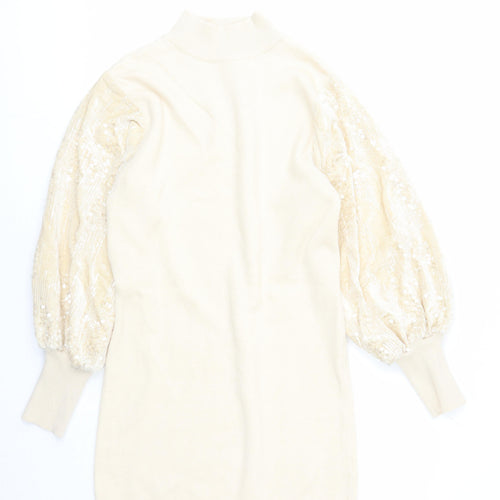 Bisou's Project Womens Beige Polyester Jumper Dress Size M Mock Neck Pullover - Sequin Detail Size M-L