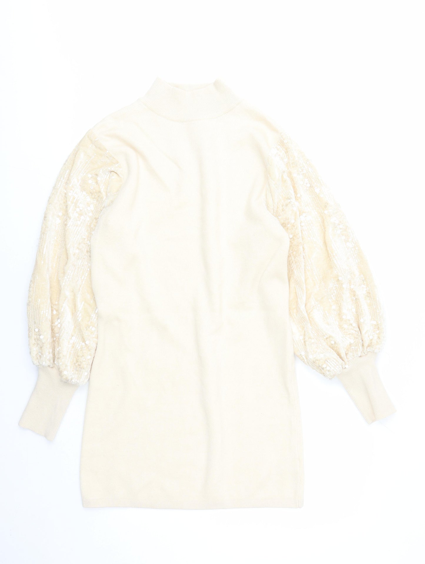 Bisou's Project Womens Beige Polyester Jumper Dress Size M Mock Neck Pullover - Sequin Detail Size M-L