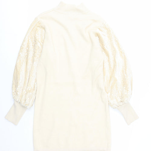 Bisou's Project Womens Beige Polyester Jumper Dress Size M Mock Neck Pullover - Sequin Detail Size M-L