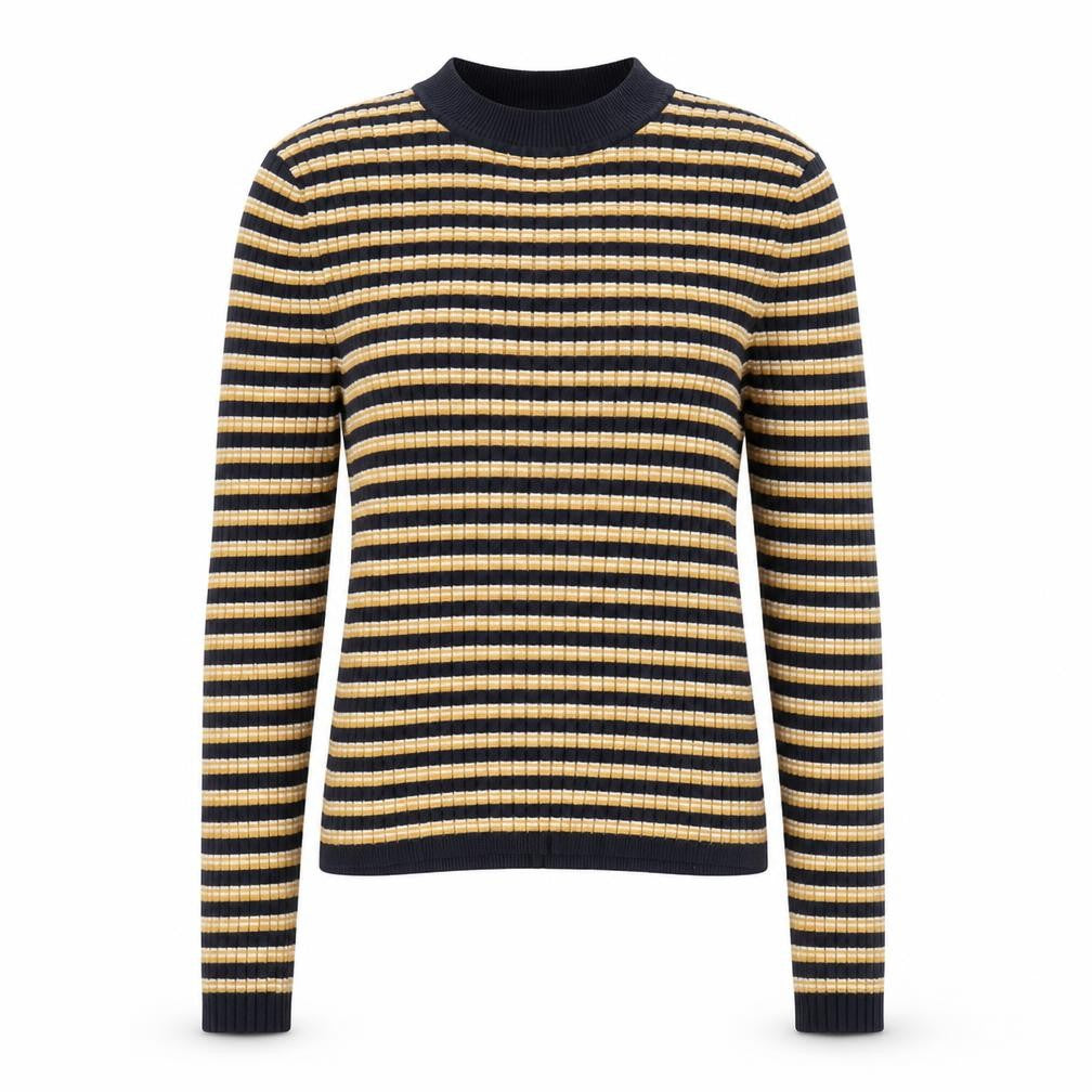 Front view of Sybilla women’s yellow mock neck striped viscose jumper, size S