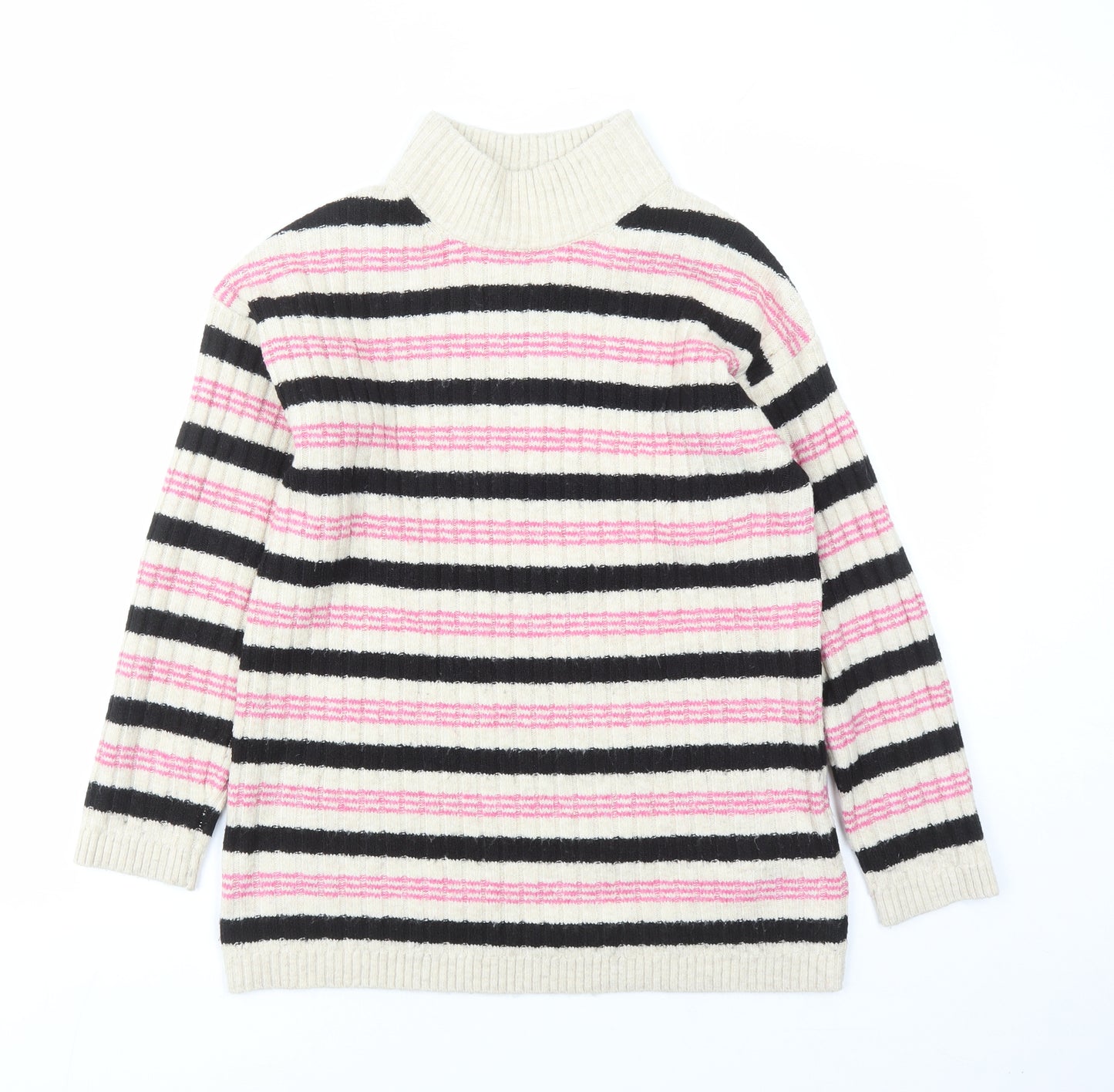 Marks and Spencer Womens Beige Mock Neck Striped Acetate Pullover Jumper Size S