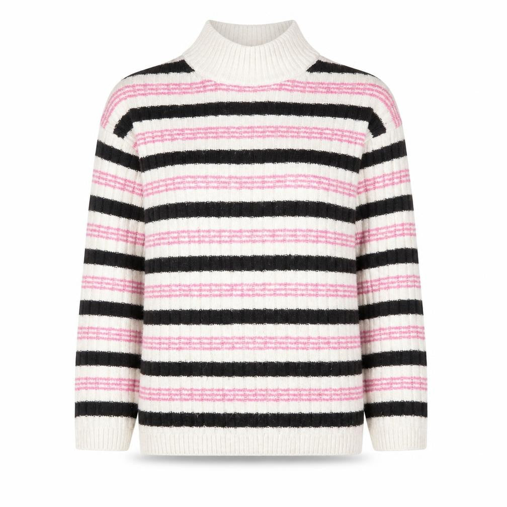 Front view of Marks & Spencer women’s beige mock neck striped acetate jumper, size S