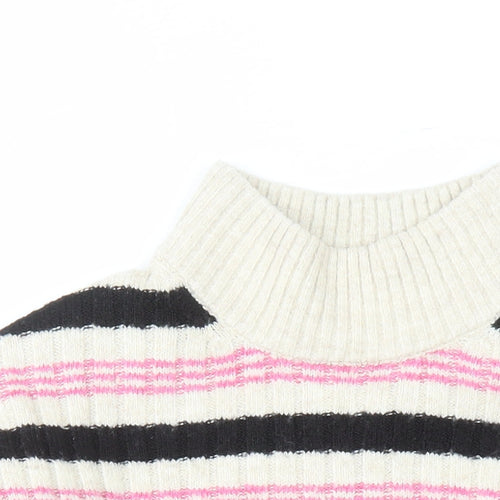 Marks and Spencer Womens Beige Mock Neck Striped Acetate Pullover Jumper Size S