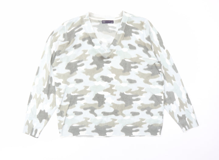 Marks and Spencer Womens Green V-Neck Camouflage Acrylic Pullover Jumper Size L