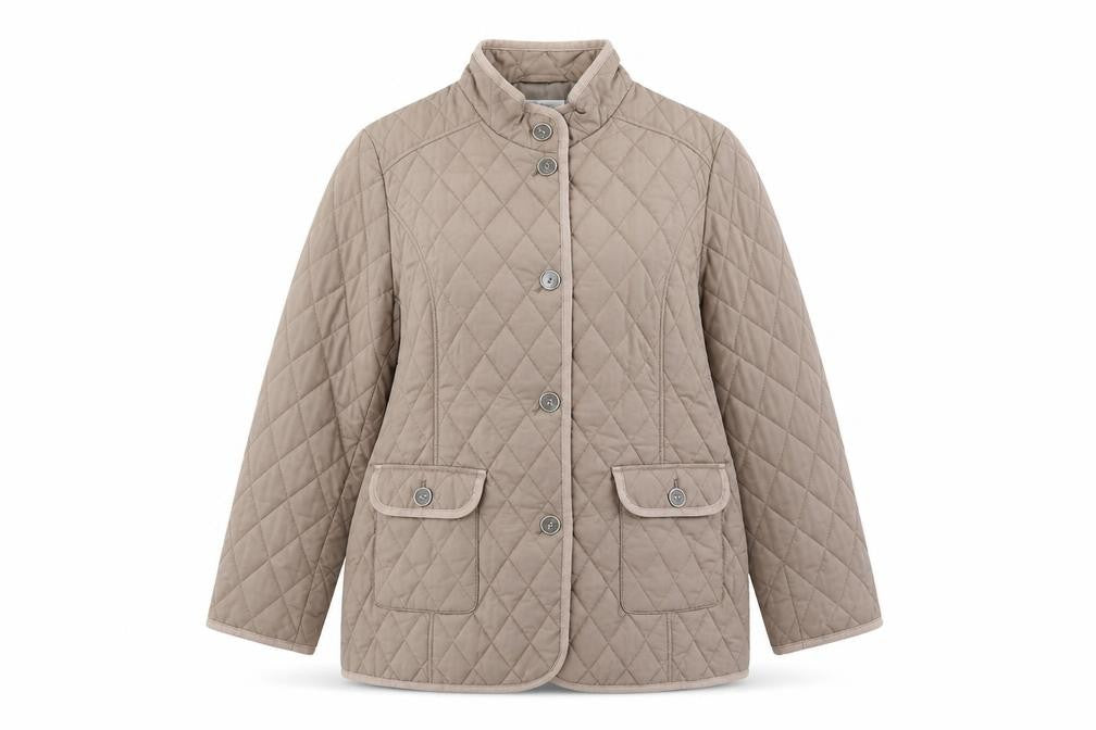 Front view of Marks & Spencer women’s brown quilted coat, size UK 18, button