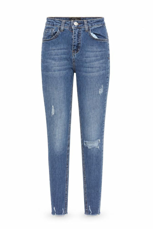 Front view of Select women’s blue cotton skinny jeans, size UK 6, 27-inch leg regular zip - pockets raw hems