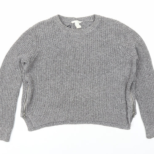 H&M Womens Grey Round Neck Cotton Pullover Jumper Size M - Zip Detail