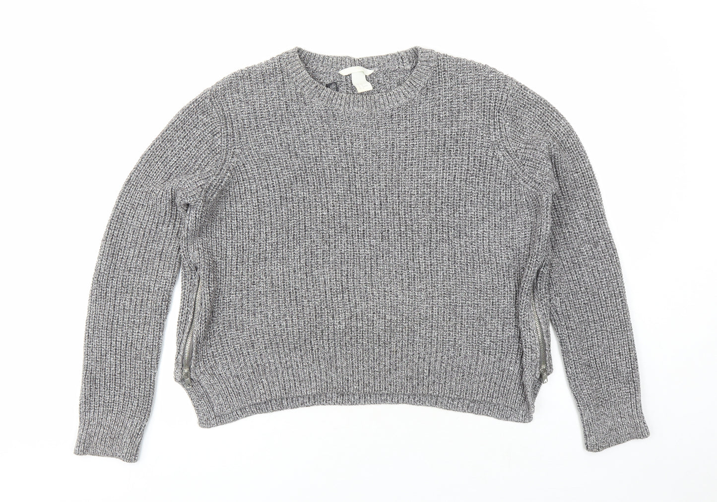 H&M Womens Grey Round Neck Cotton Pullover Jumper Size M - Zip Detail