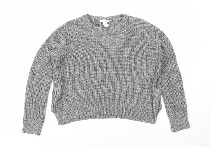 H&M Womens Grey Round Neck Cotton Pullover Jumper Size M - Zip Detail