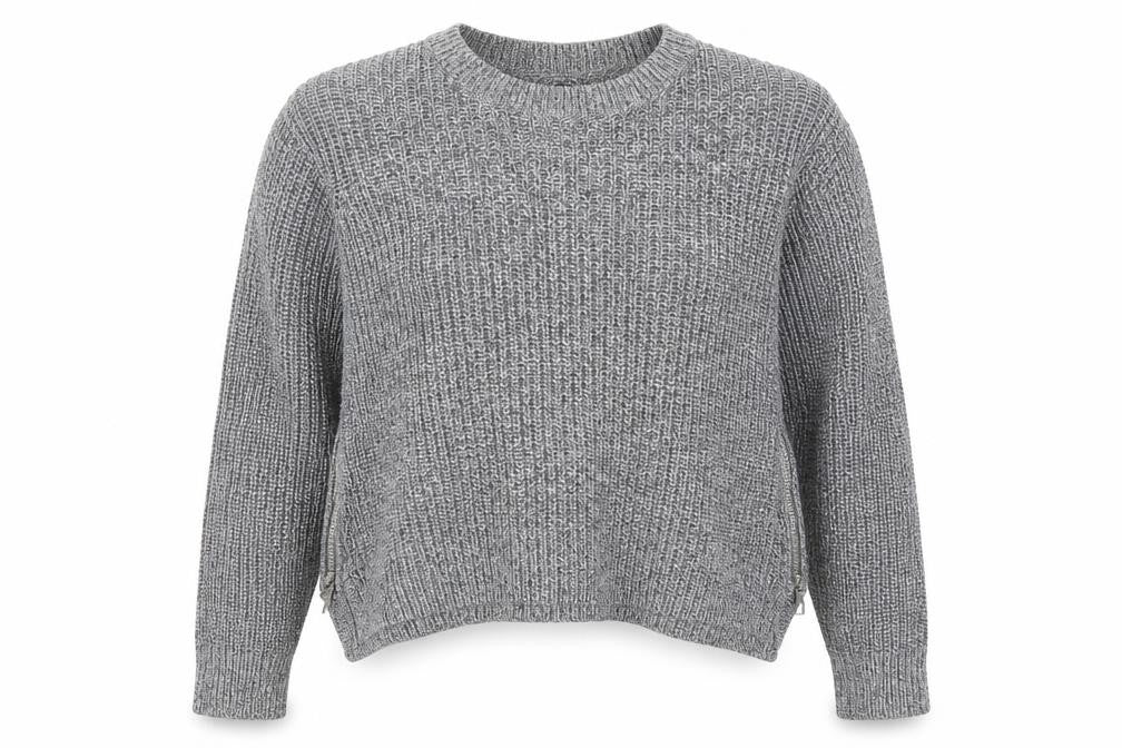 Front view of H&M women’s grey round neck cotton jumper, size M, - zip detail