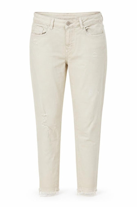 Front view of Zara women’s beige cotton skinny jeans, size UK 10, 27-inch leg regular zip - pockets raw hems