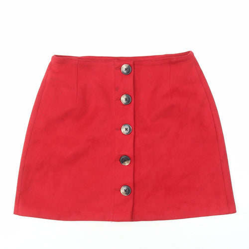 Bershka Womens Red Polyester A-Line Skirt Size M Button