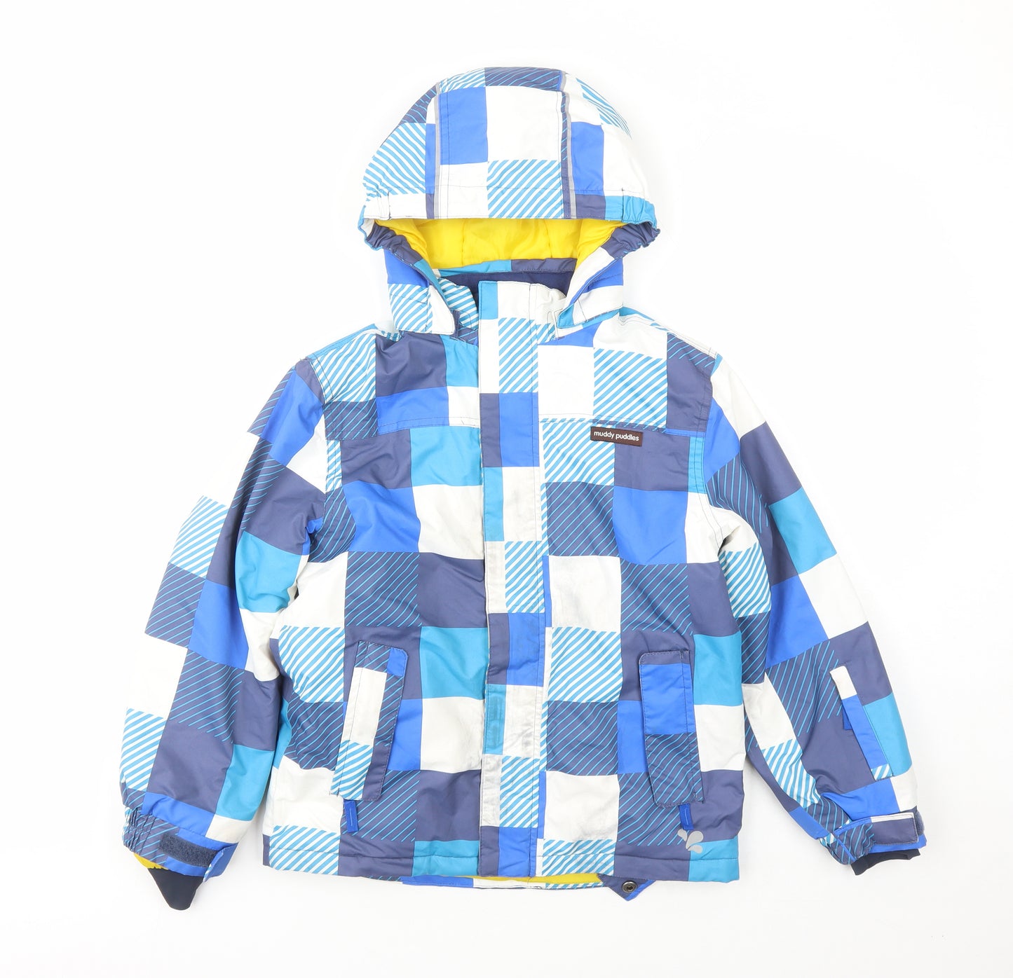 Muddy Puddles Boys Blue Check Rain Coat Coat Size 9-10 Years Zip - Hooded Pockets