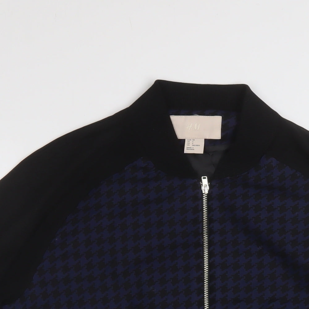 H&M Womens Black Geometric Bomber Jacket Jacket Size 6 Zip - Chiffon sleeves