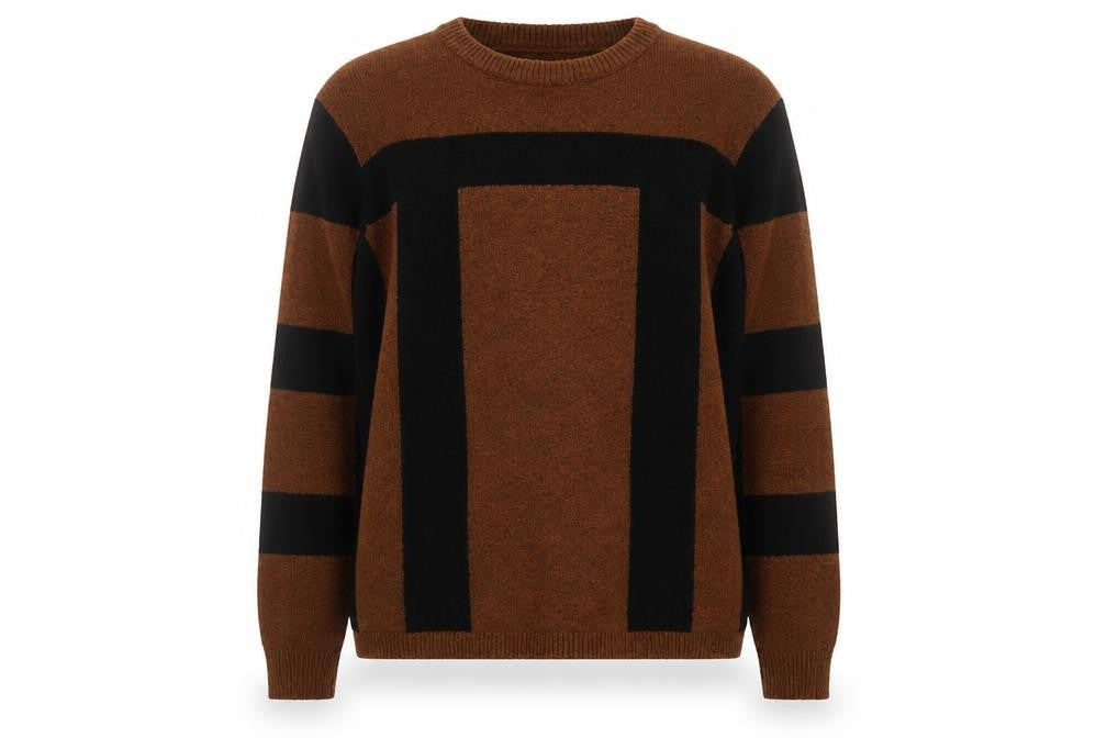 Front view of ASOS women’s brown crew neck acrylic jumper, size UK 10