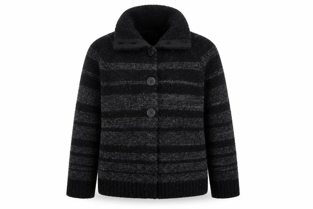 Monsoon Womens Grey Mock Neck Striped Acrylic Cardigan Jumper Size S