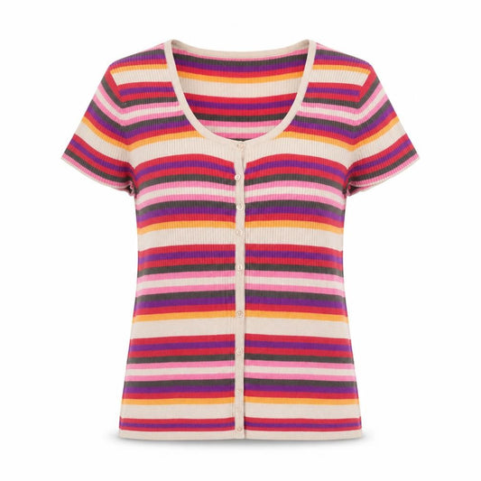 Front view of M&Co women’s multicoloured scoop neck striped viscose cardigan jumper, size 2XL