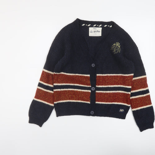 Marks and Spencer Girls Blue V-Neck Striped Acrylic Cardigan Jumper Size 11-12 Years Button - Harry Potter