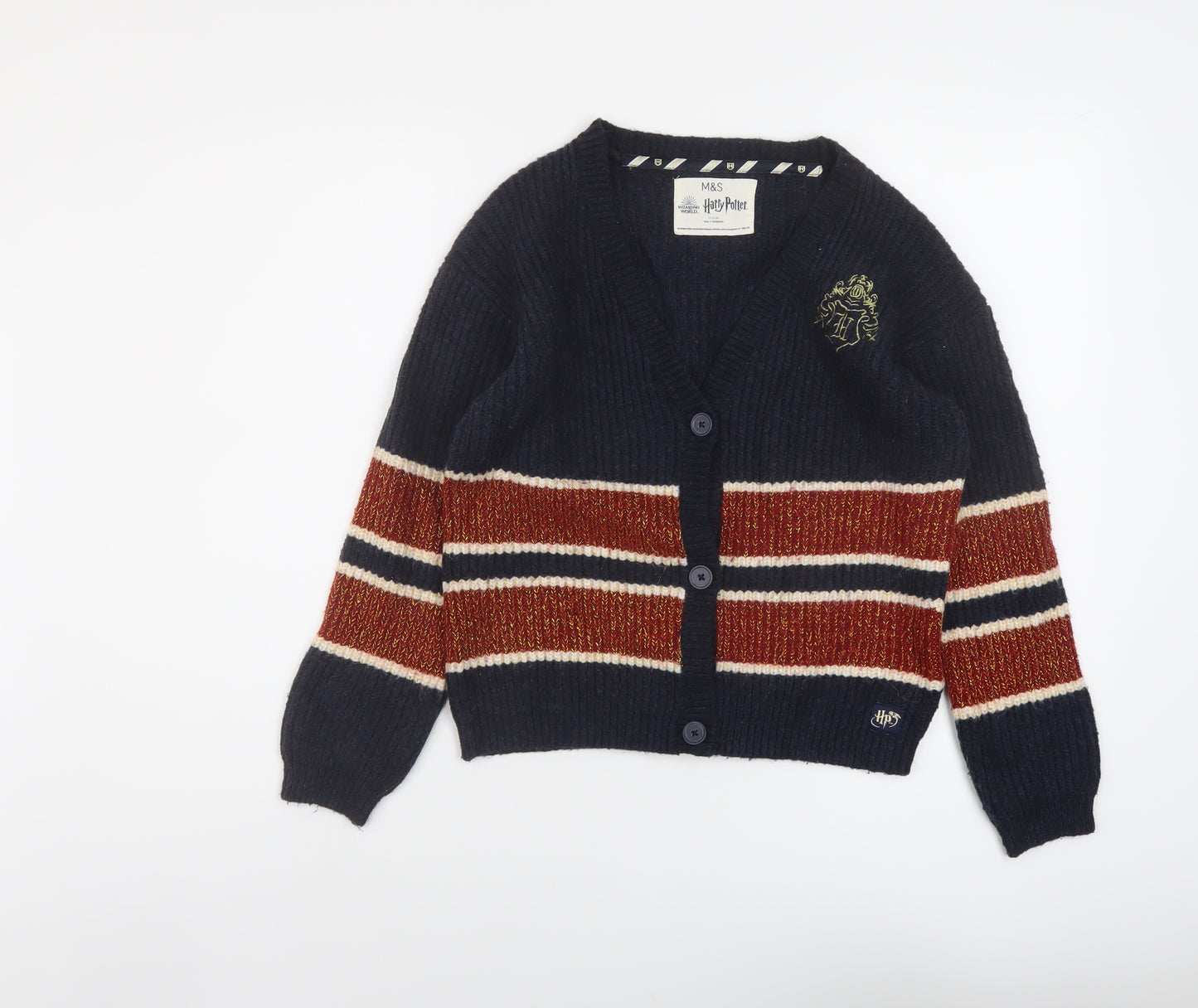 Marks and Spencer Girls Blue V-Neck Striped Acrylic Cardigan Jumper Size 11-12 Years Button - Harry Potter