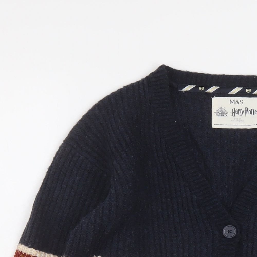 Marks and Spencer Girls Blue V-Neck Striped Acrylic Cardigan Jumper Size 11-12 Years Button - Harry Potter