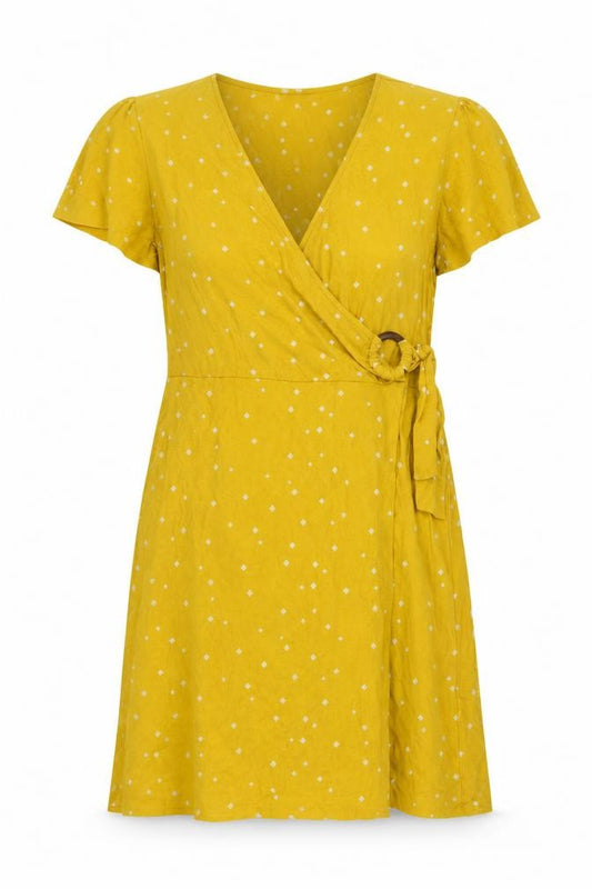 Front view of Next women’s yellow geometric viscose a-line, size UK 14, v-neck tie