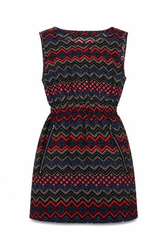 Front view of Mela London women’s multicoloured geometric polyester a-line, size UK 12, boat neck pullover