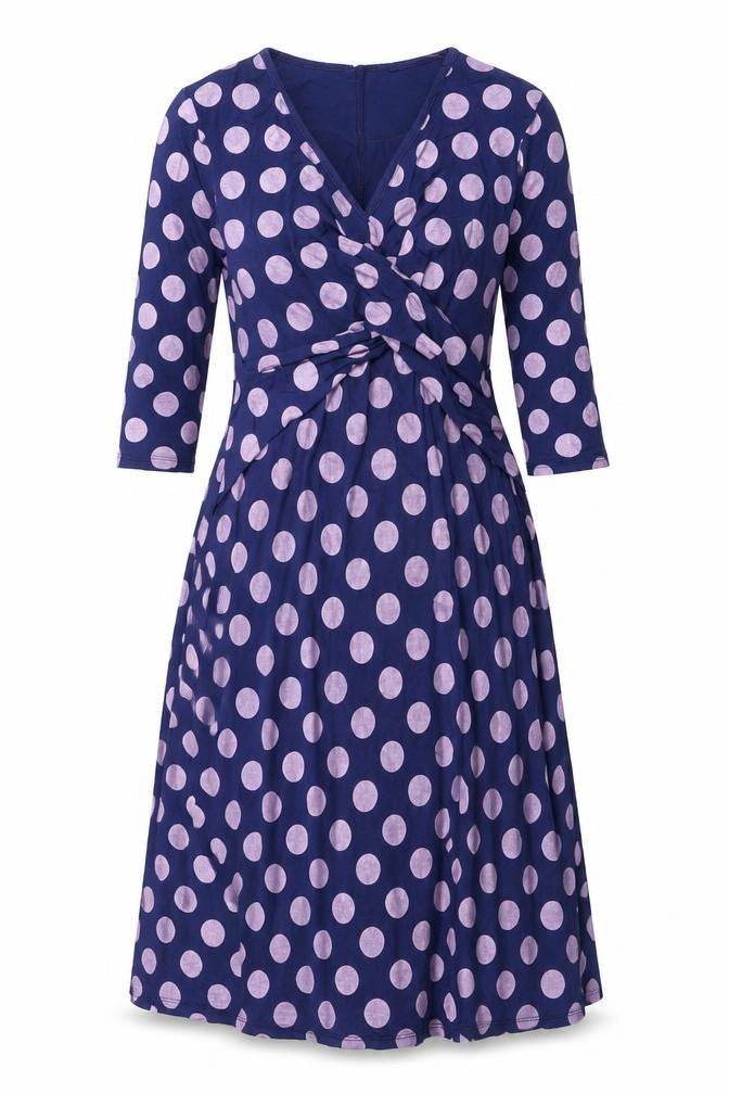 Front view of ASOS women’s purple polka dot viscose a-line, size UK 8, v-neck pullover