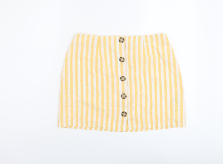 Miss Selfridge Womens Yellow Striped Polyester A-Line Skirt Size 12 Button