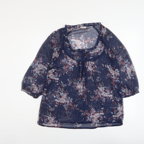 Indigo Womens Blue Floral Polyester Basic Blouse Size 10 Round Neck