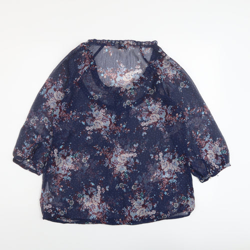 Indigo Womens Blue Floral Polyester Basic Blouse Size 10 Round Neck