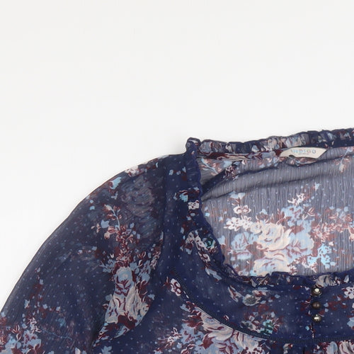 Indigo Womens Blue Floral Polyester Basic Blouse Size 10 Round Neck