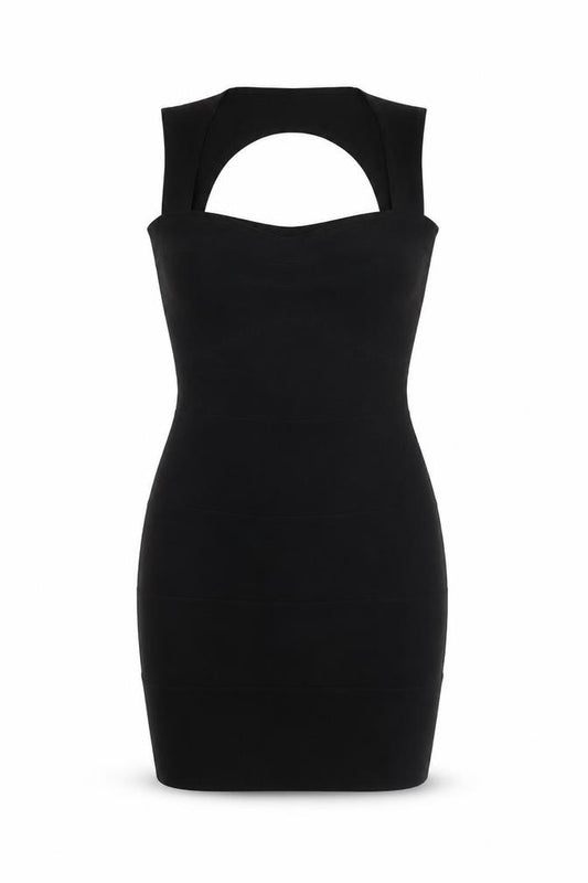 Front view of Boohoo women’s black polyester mini, size UK 10, square neck pullover