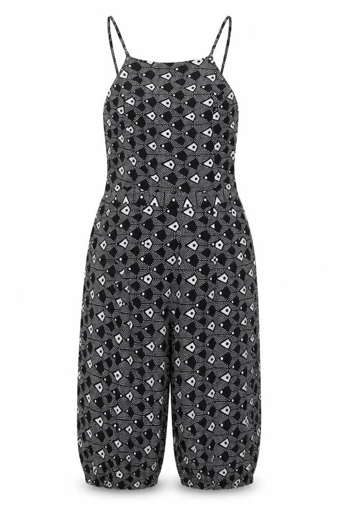 Front view of River Island women’s blue geometric viscose jumpsuit one-piece, size UK 12, zip