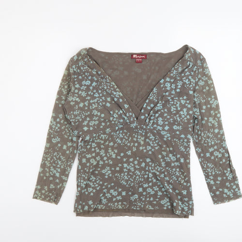 Monsoon Womens Brown Floral Nylon Basic Blouse Size 12 V-Neck