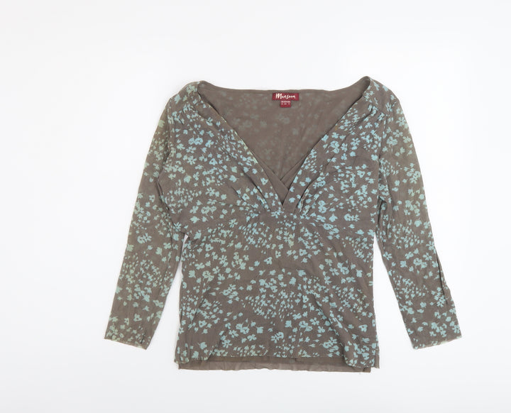 Monsoon Womens Brown Floral Nylon Basic Blouse Size 12 V-Neck