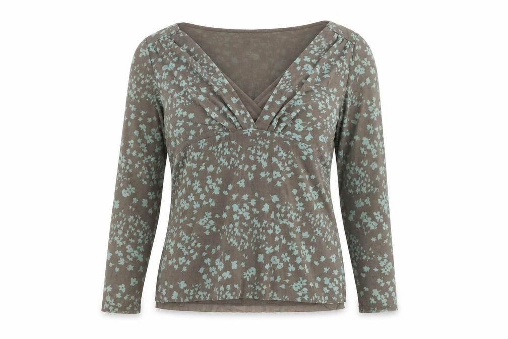 Front view of Monsoon women’s brown floral nylon basic blouse, size UK 12, v-neck