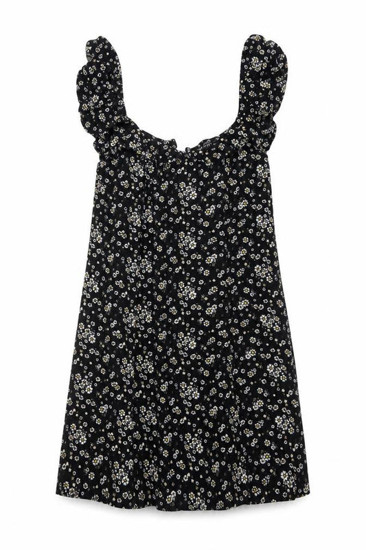 Front view of I SAW IT FIRST women’s black floral viscose a-line, size UK 12, round neck zip