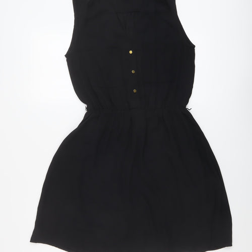 H&M Womens Black Polyester A-Line Size 8 V-Neck Button