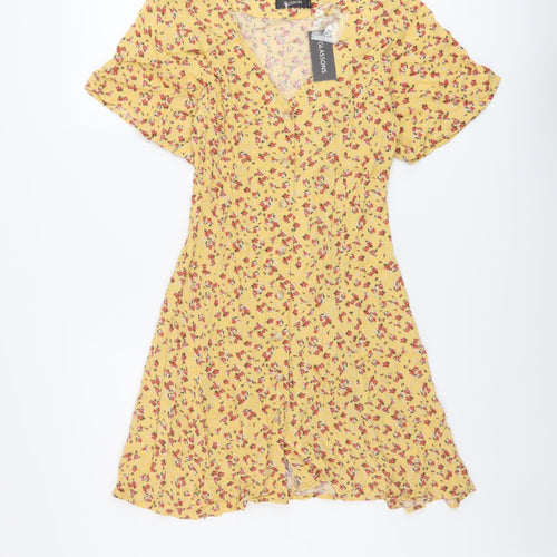 Glassons Womens Yellow Floral Viscose A-Line Size 6 V-Neck Button