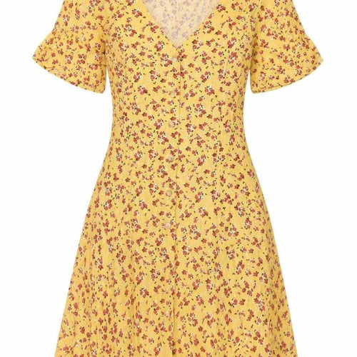 Glassons Womens Yellow Floral Viscose A-Line Size 6 V-Neck Button