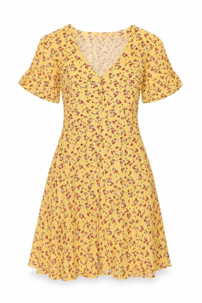 Glassons Womens Yellow Floral Viscose A-Line Size 6 V-Neck Button
