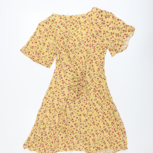 Glassons Womens Yellow Floral Viscose A-Line Size 6 V-Neck Button