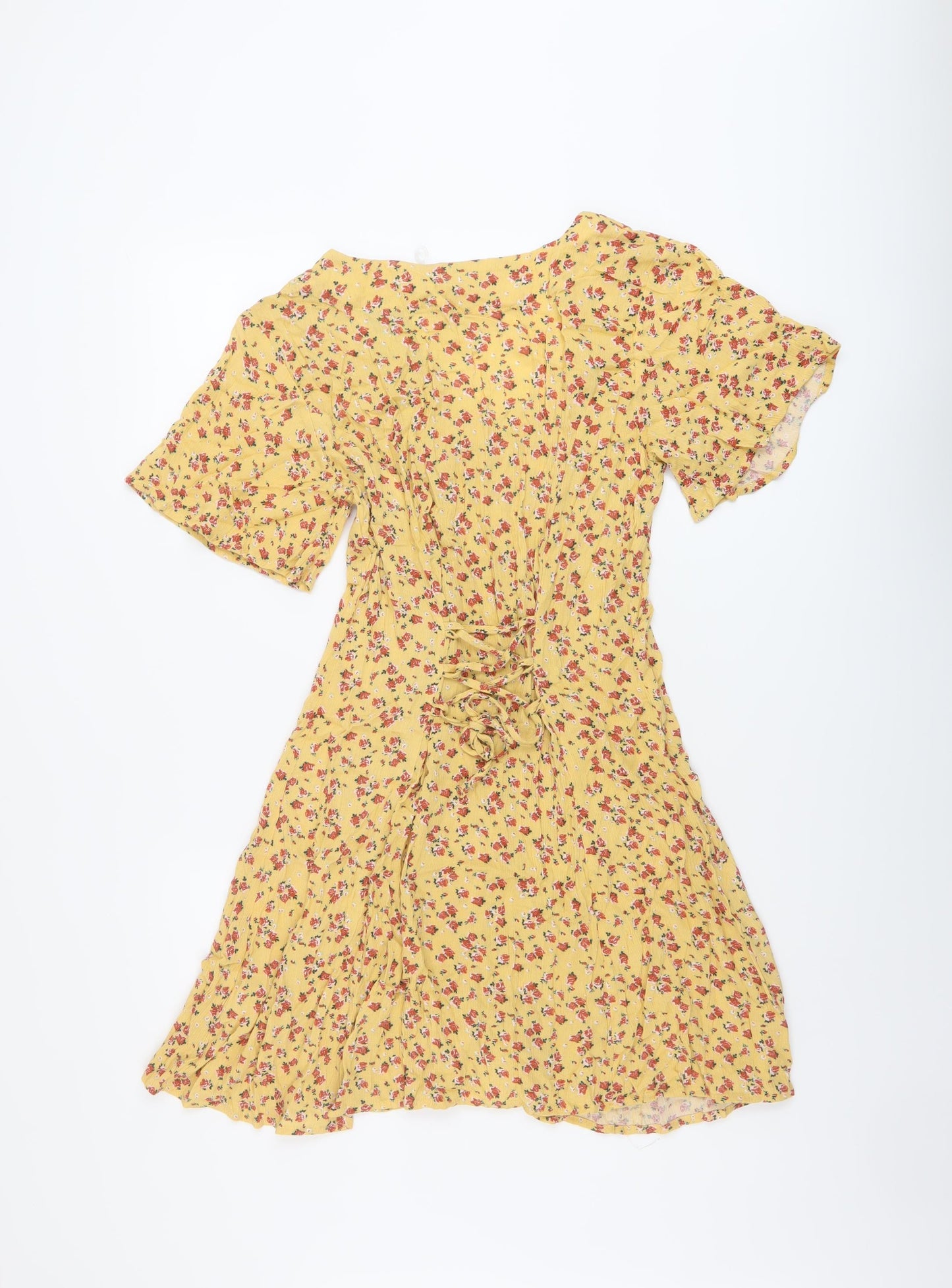Glassons Womens Yellow Floral Viscose A-Line Size 6 V-Neck Button